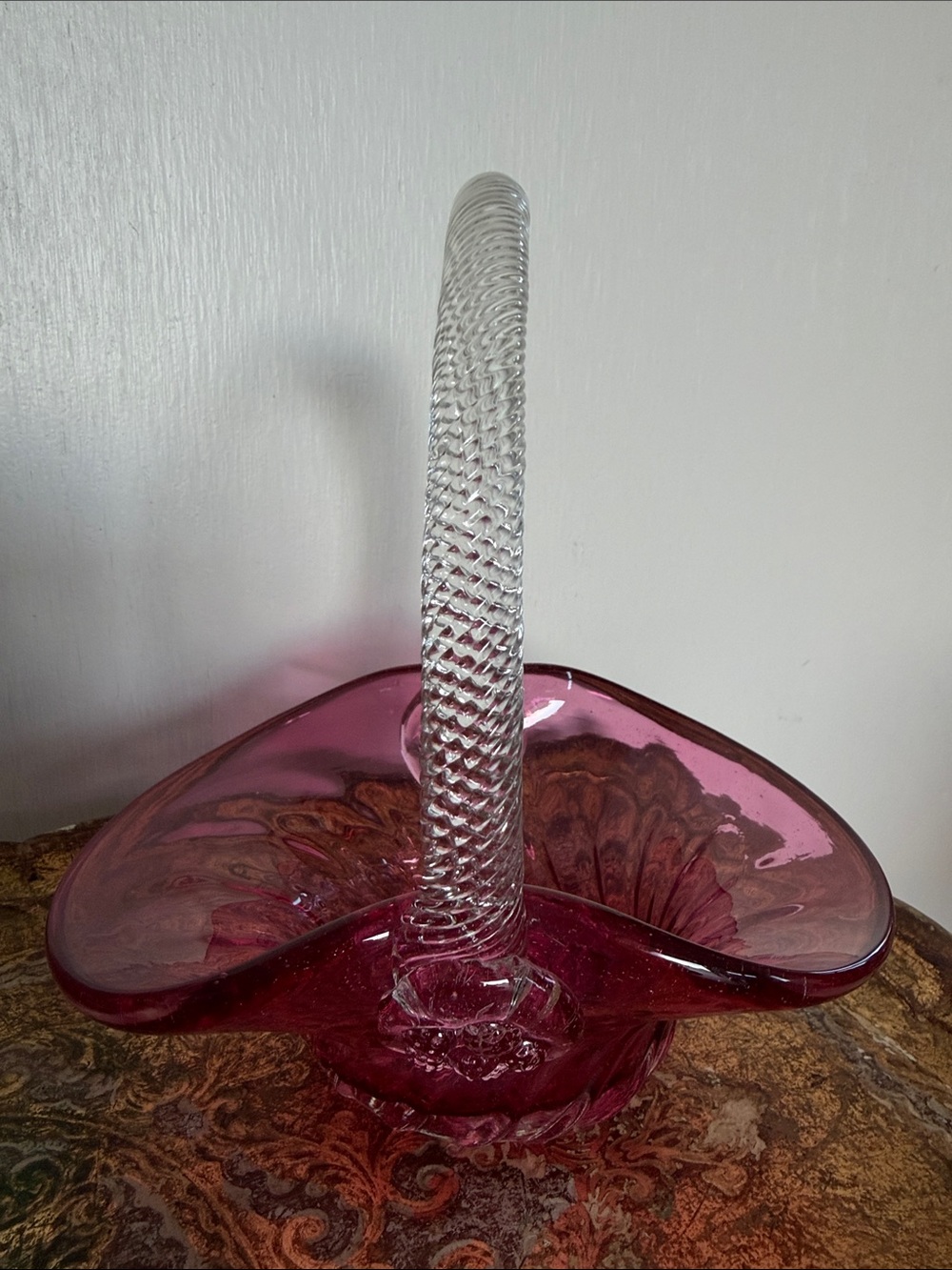 Vintage Murano Cranberry Blown Glass Basket with Clear Twisted Handle